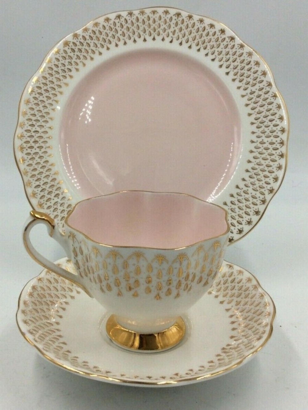 Queen Anne England Bone China Pink & Gold Tea Trio Cup Saucer Plate